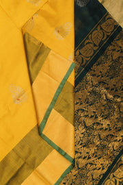 Handloom Uppada pure silk saree in yellow & bottle green  with  peacock motifs