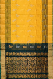 Handloom Uppada pure silk saree in yellow & bottle green  with  peacock motifs