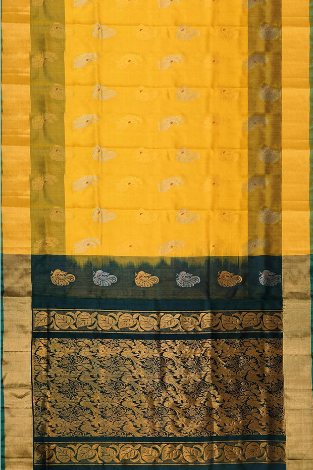 Handloom Uppada pure silk saree in yellow & bottle green  with  peacock motifs