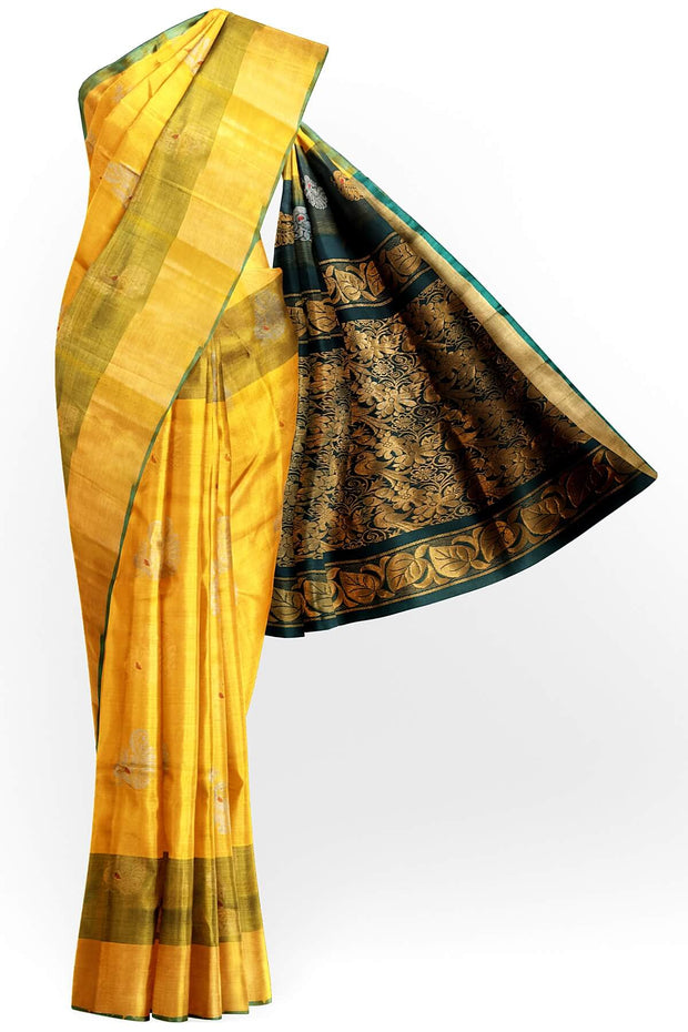 Handloom Uppada pure silk saree in yellow & bottle green  with  peacock motifs