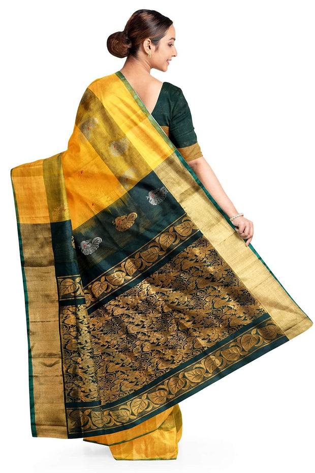 Handloom Uppada pure silk saree in yellow & bottle green  with  peacock motifs