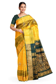Handloom Uppada pure silk saree in yellow & bottle green  with  peacock motifs