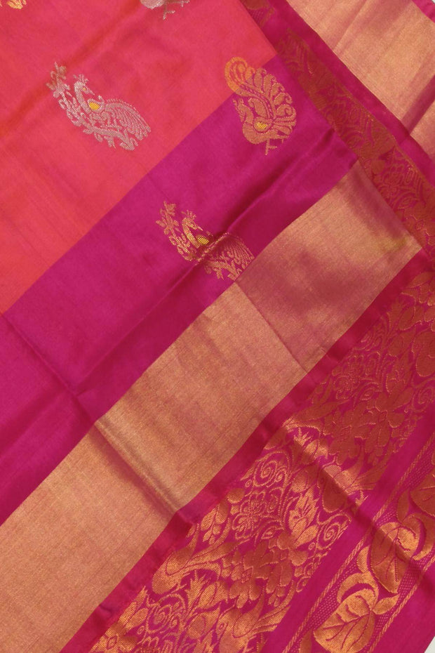 Handloom Uppada pure silk saree in orangish pink & pink  with  peacock motifs