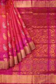 Handloom Uppada pure silk saree in orangish pink & pink  with  peacock motifs