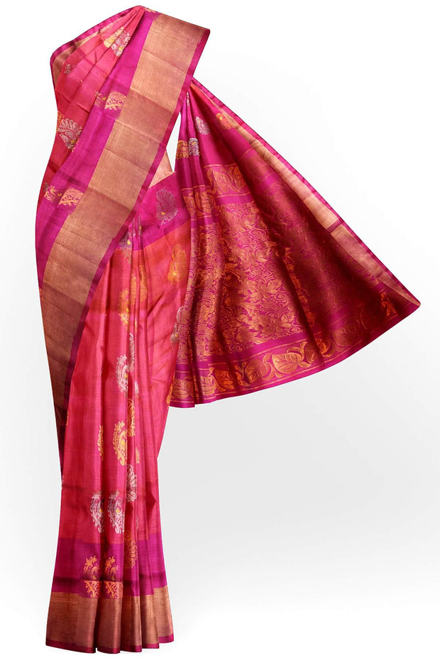 Handloom Uppada pure silk saree in orangish pink & pink  with  peacock motifs