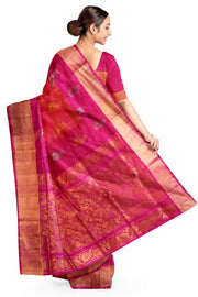 Handloom Uppada pure silk saree in orangish pink & pink  with  peacock motifs