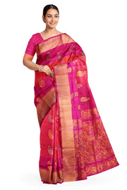 Handloom Uppada pure silk saree in orangish pink & pink  with  peacock motifs