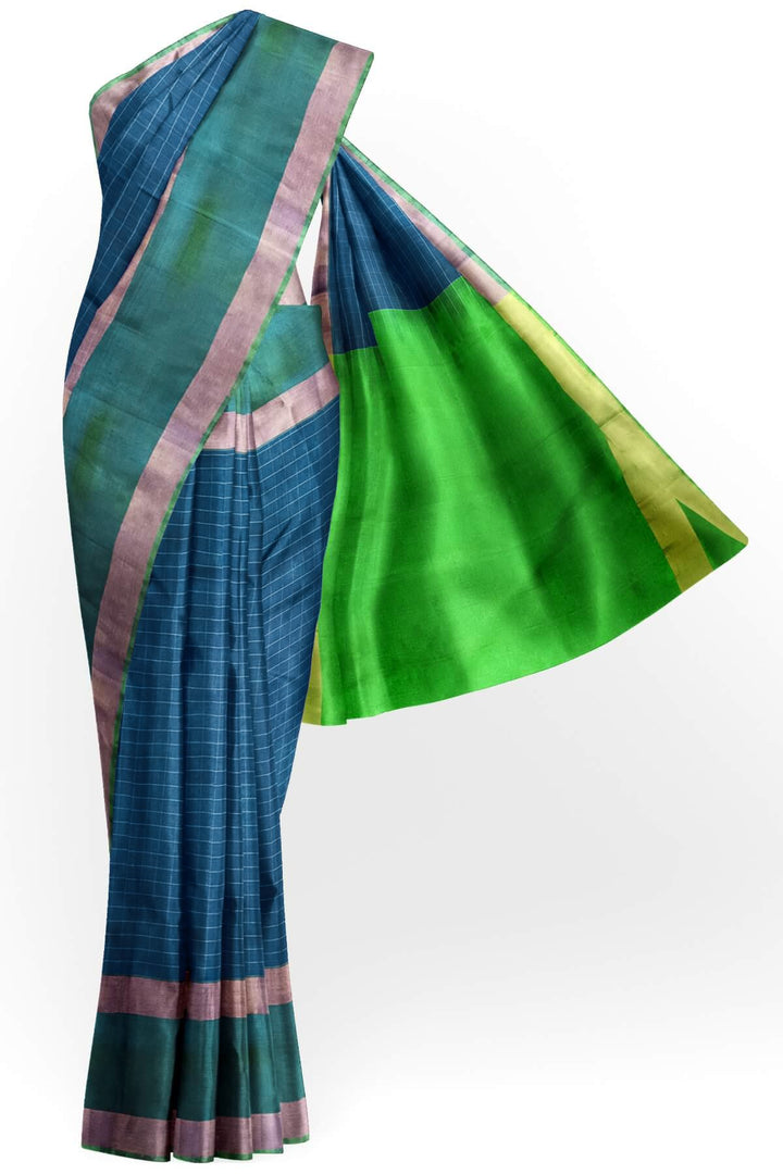 Uppada pure silk saree in  checks in peacock blue