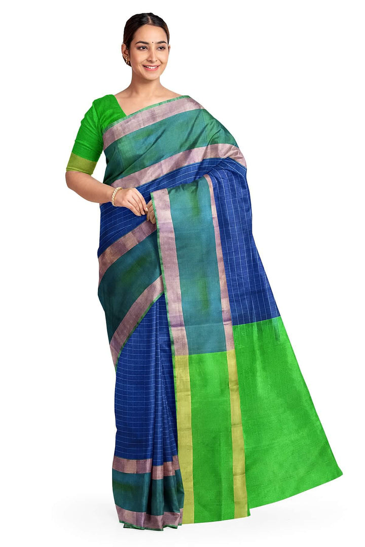 Uppada pure silk saree in  checks in peacock blue