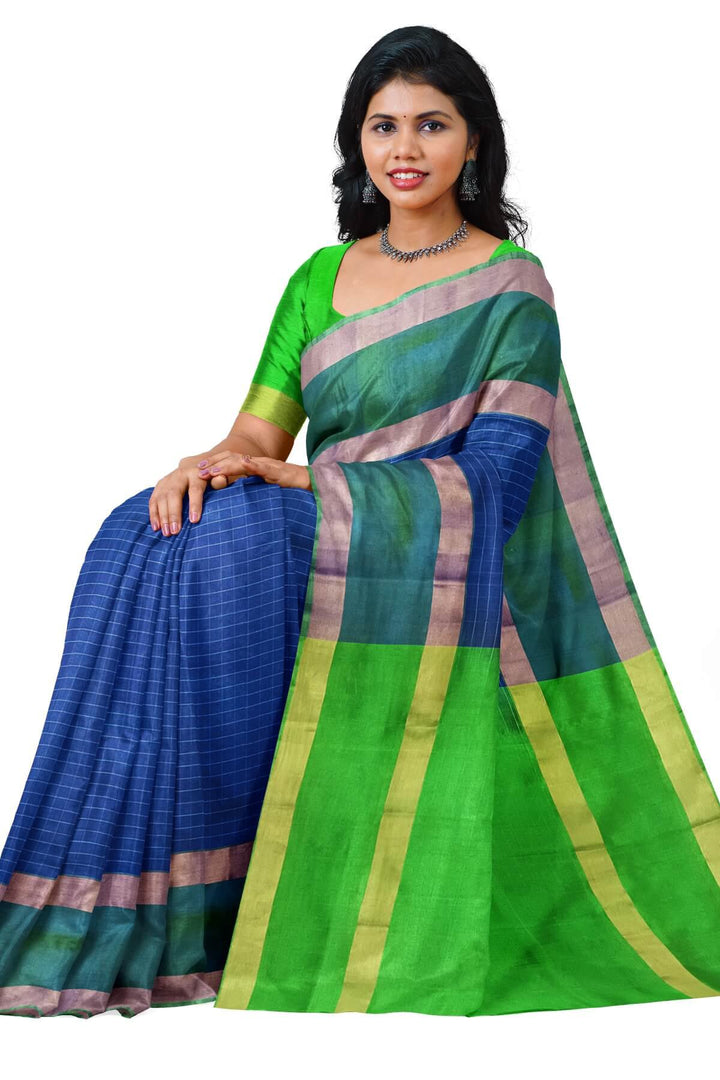 Uppada pure silk saree in  checks in peacock blue