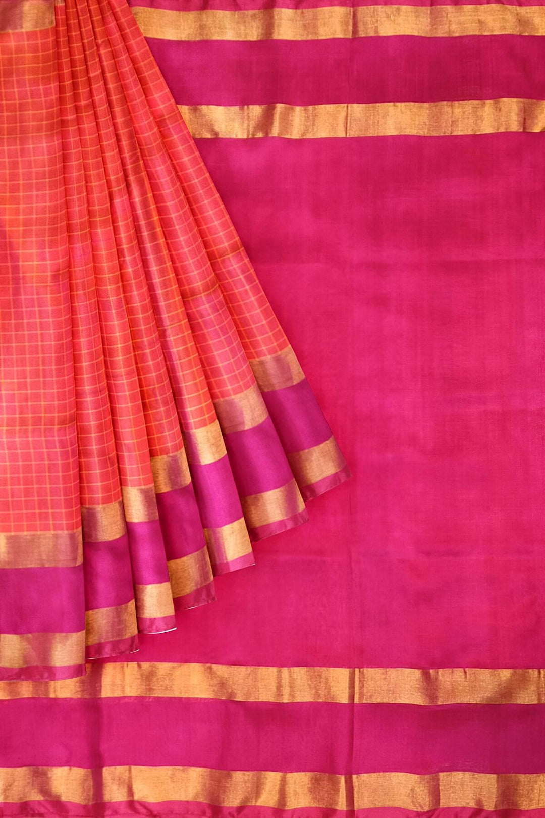 Uppada pure silk saree in  checks in pinkish orange