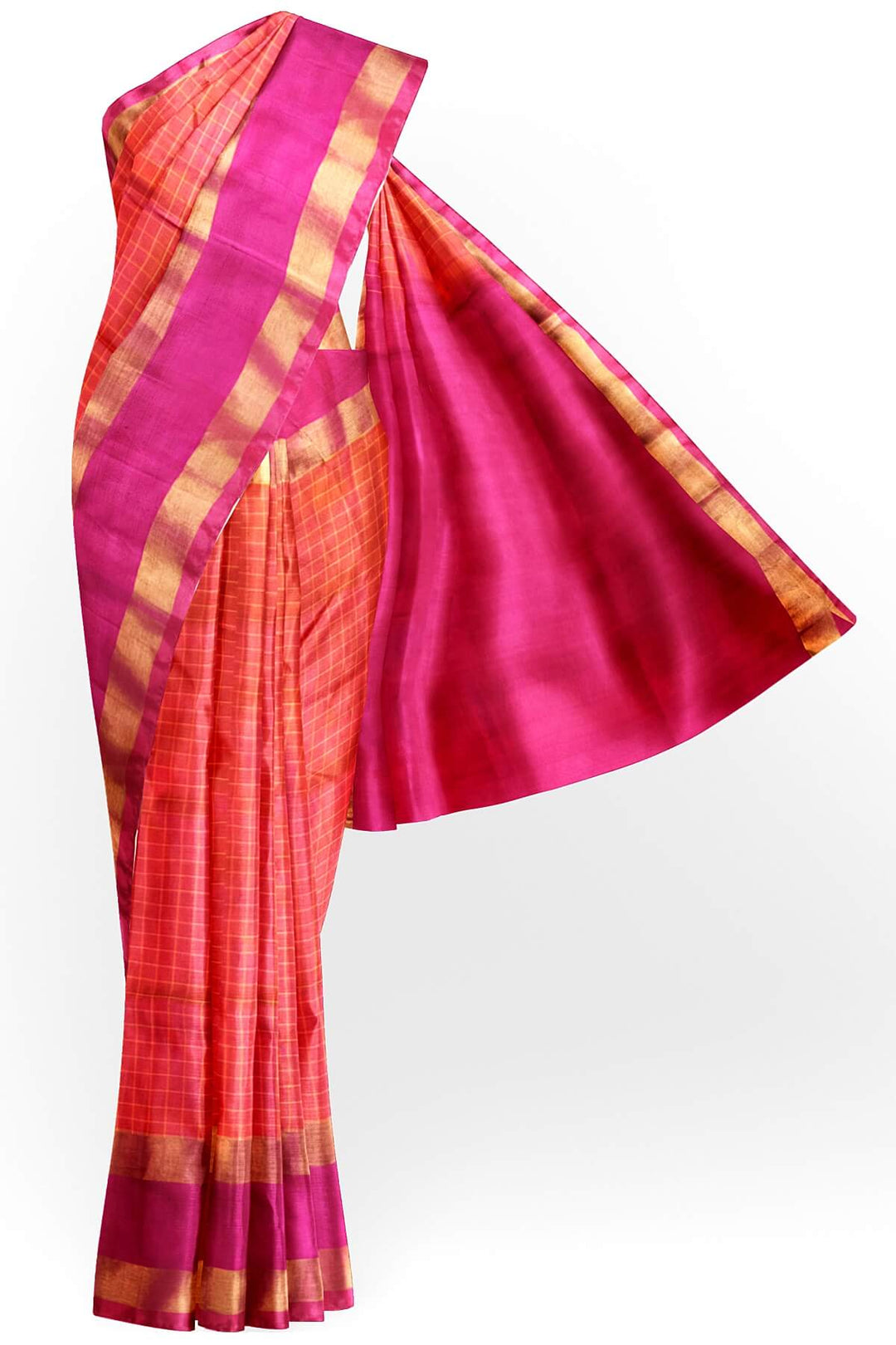 Uppada pure silk saree in  checks in pinkish orange