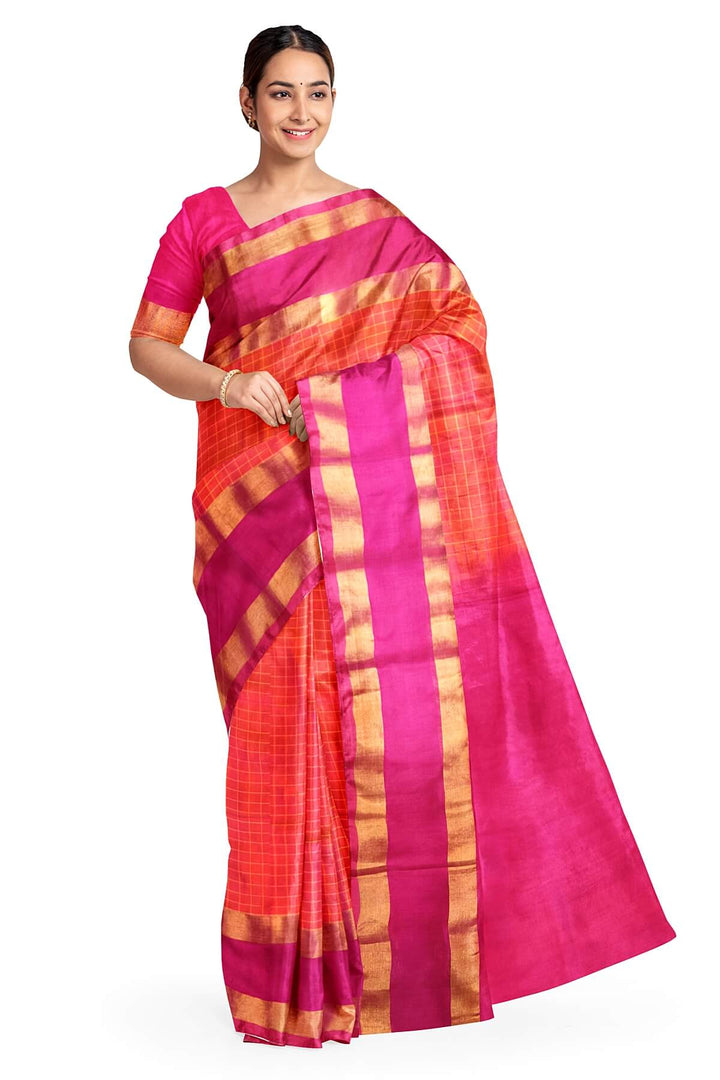 Uppada pure silk saree in  checks in pinkish orange