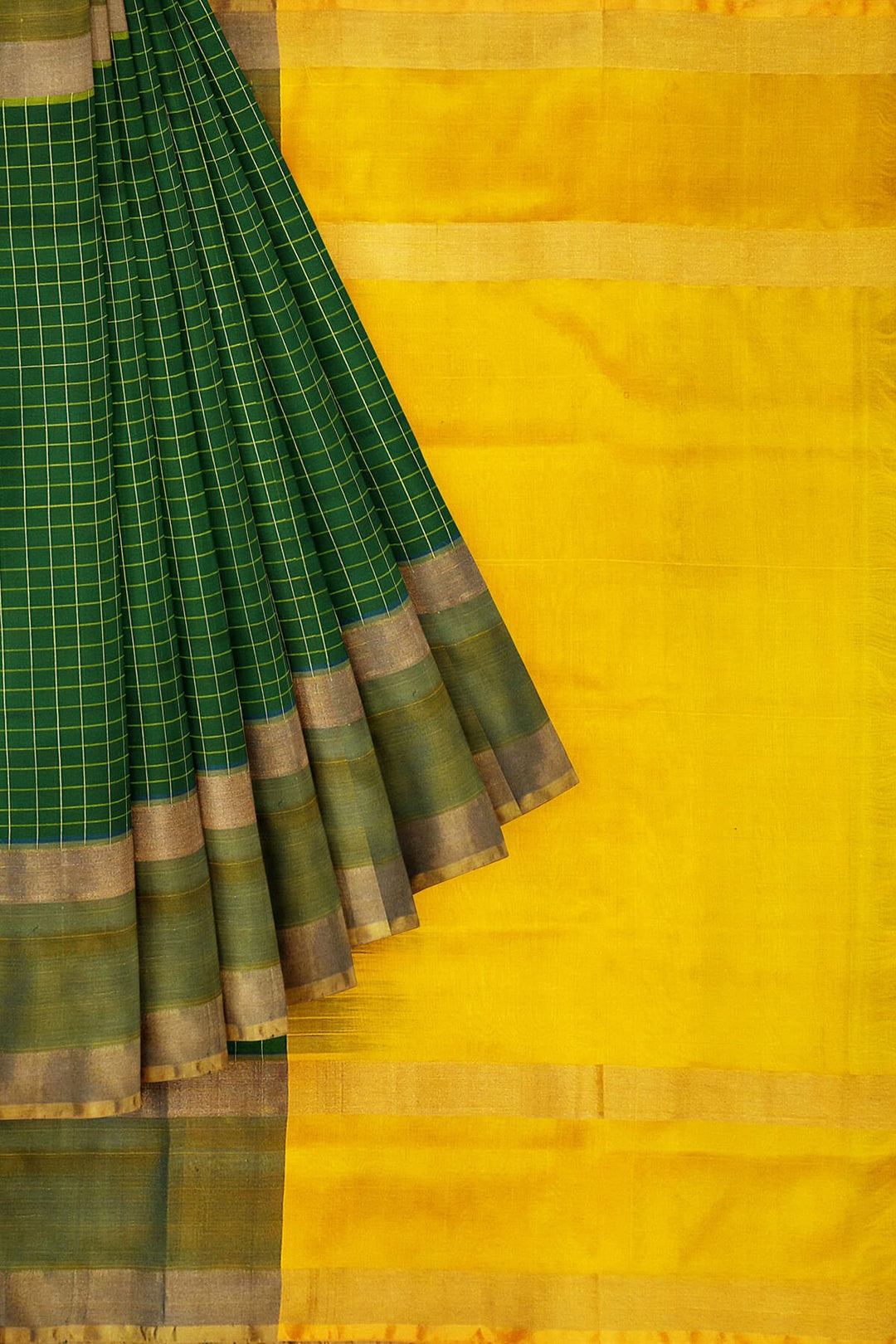 Uppada pure silk saree in checks in bottle green
