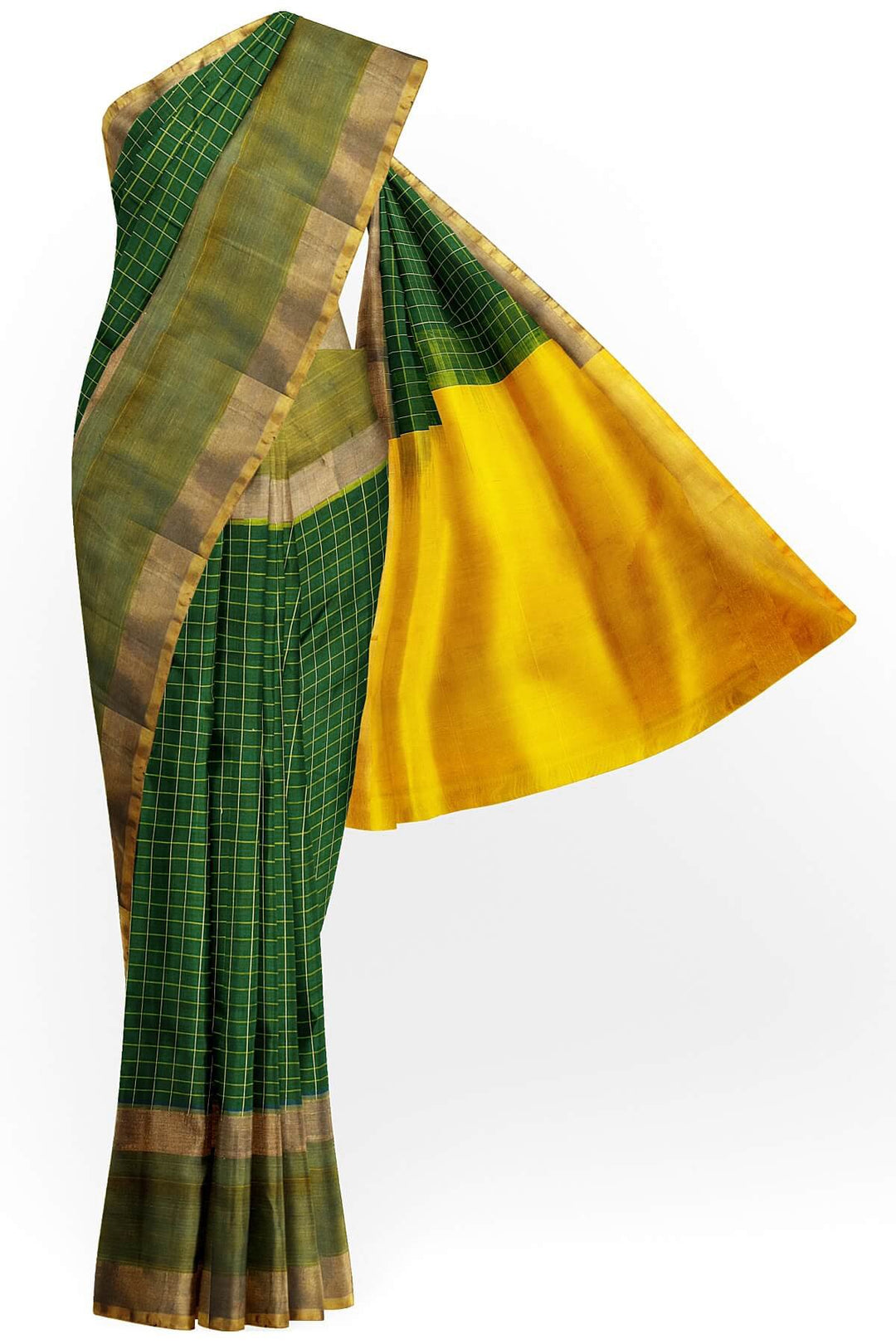 Uppada pure silk saree in checks in bottle green