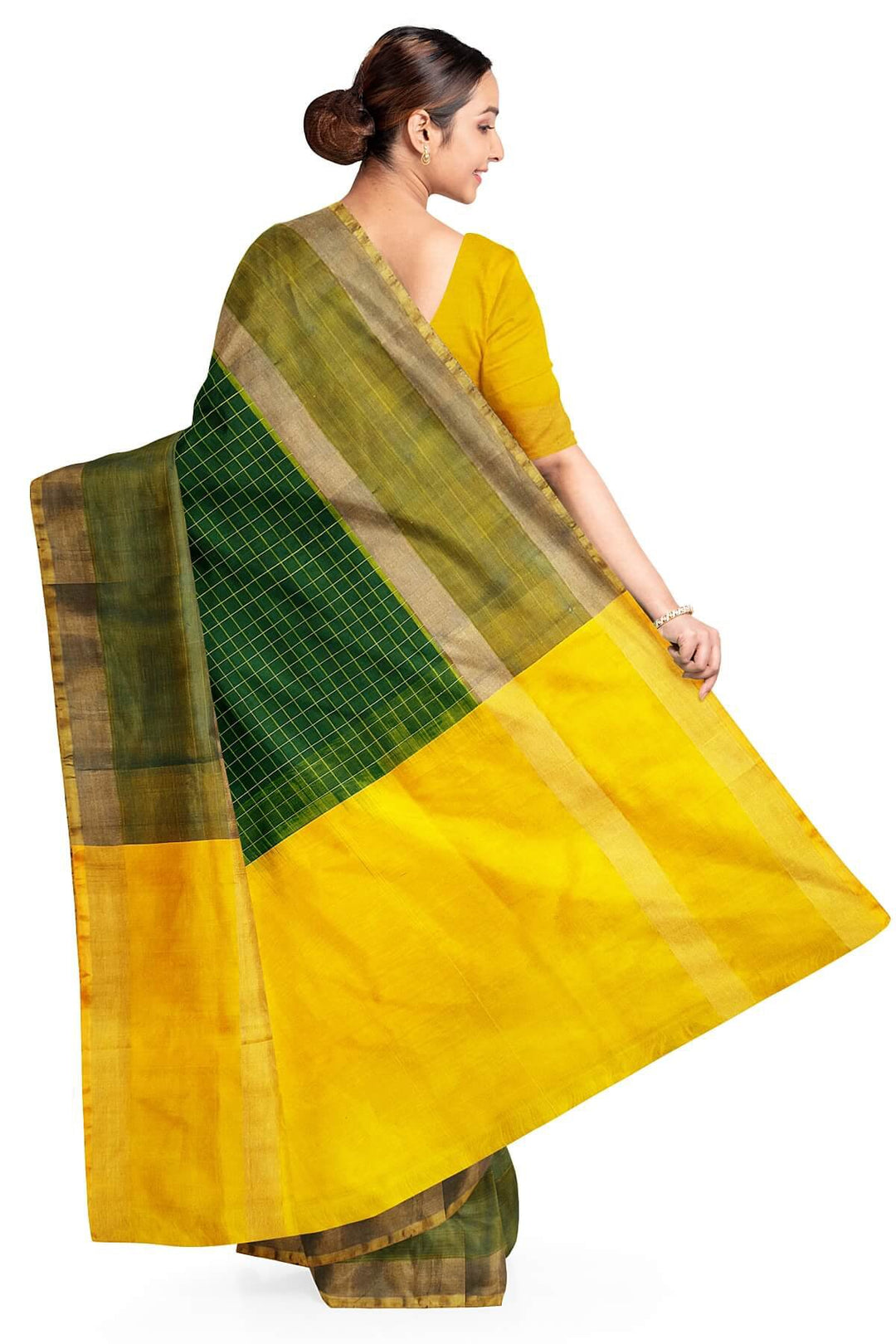 Uppada pure silk saree in checks in bottle green
