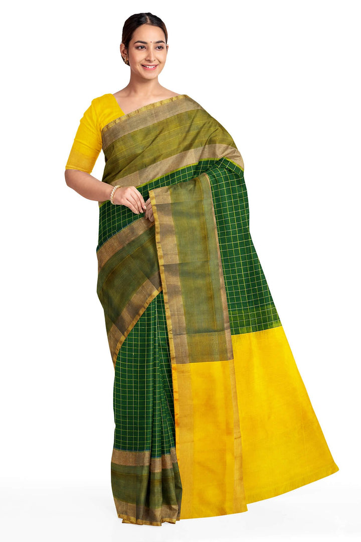 Uppada pure silk saree in checks in bottle green