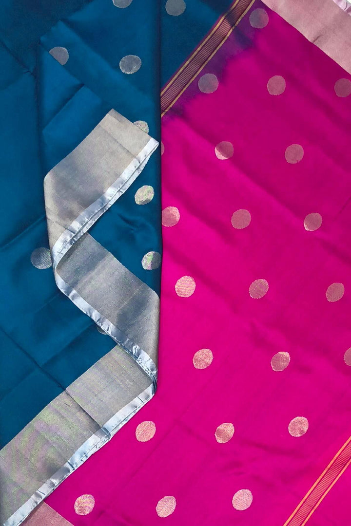 Handwoven Uppada pure silk saree in cobalt blue with round motifs