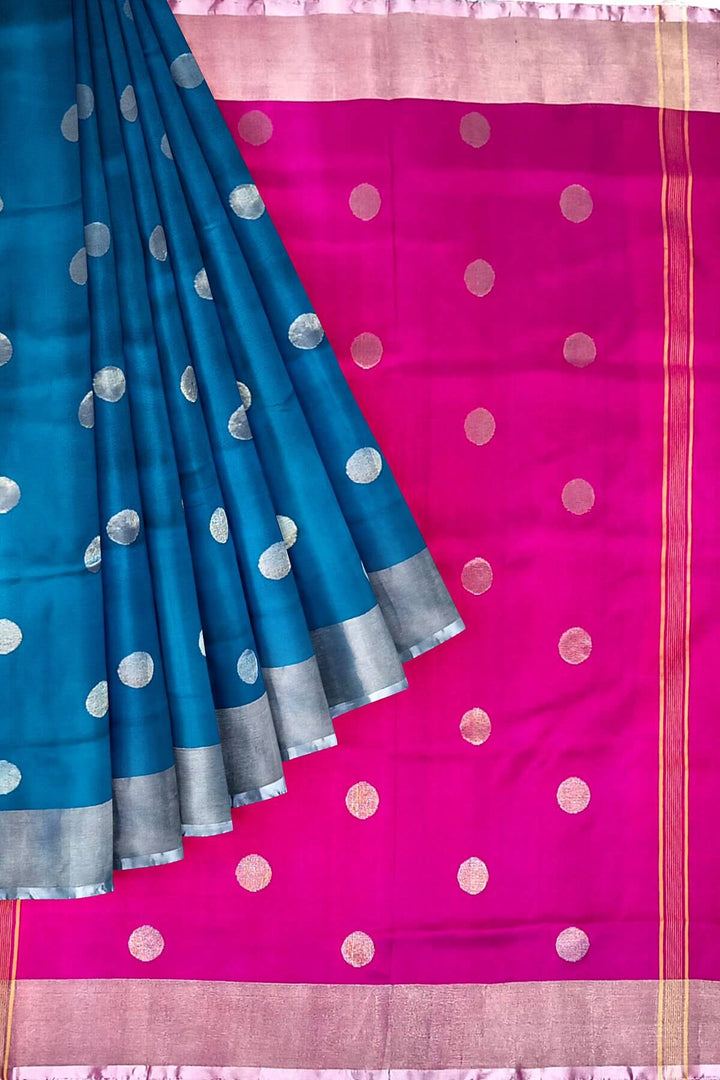 Handwoven Uppada pure silk saree in cobalt blue with round motifs