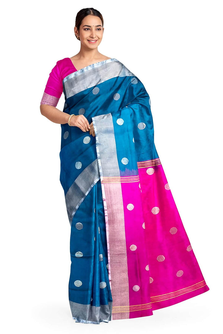 Handwoven Uppada pure silk saree in cobalt blue with round motifs