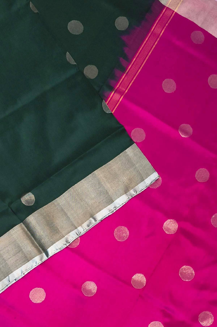 Handwoven Uppada pure silk saree in bottle green with round motifs