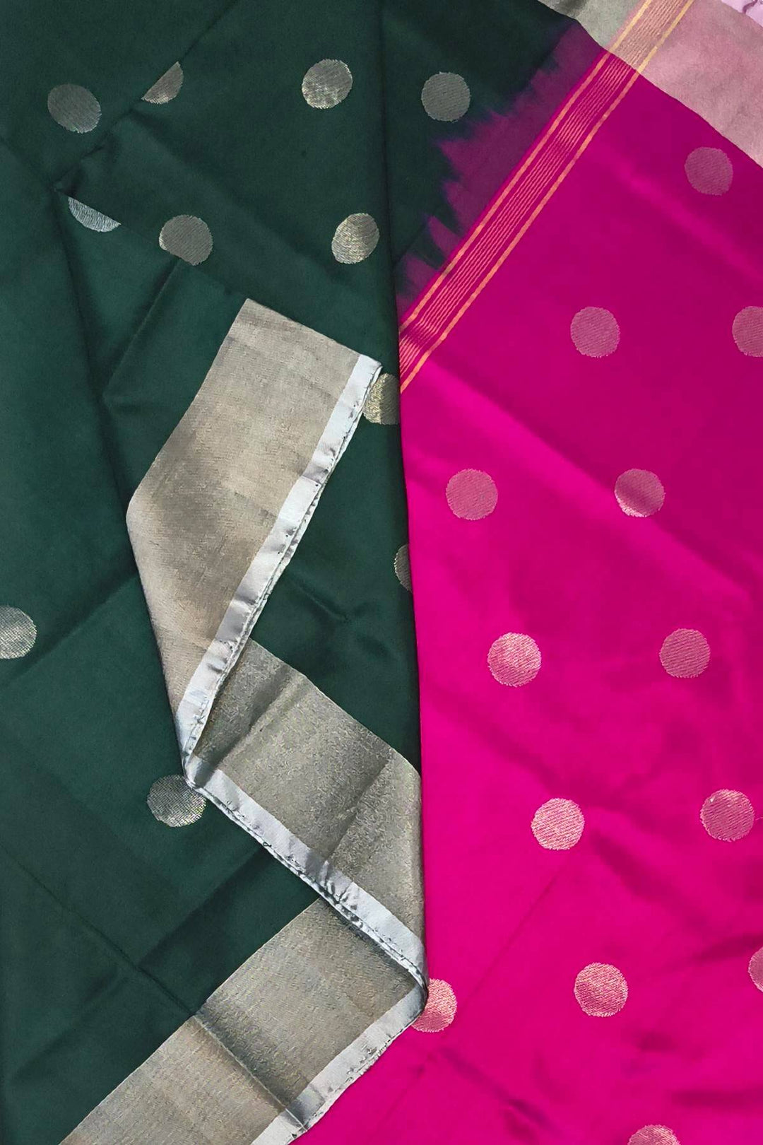 Handwoven Uppada pure silk saree in bottle green with round motifs