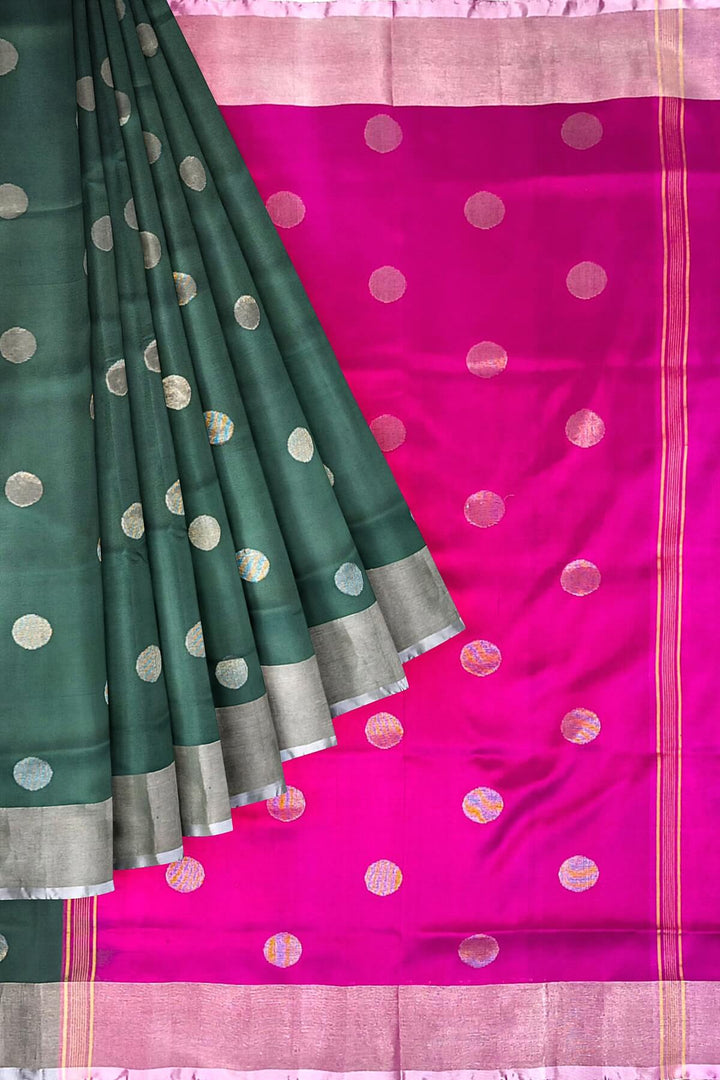 Handwoven Uppada pure silk saree in bottle green with round motifs