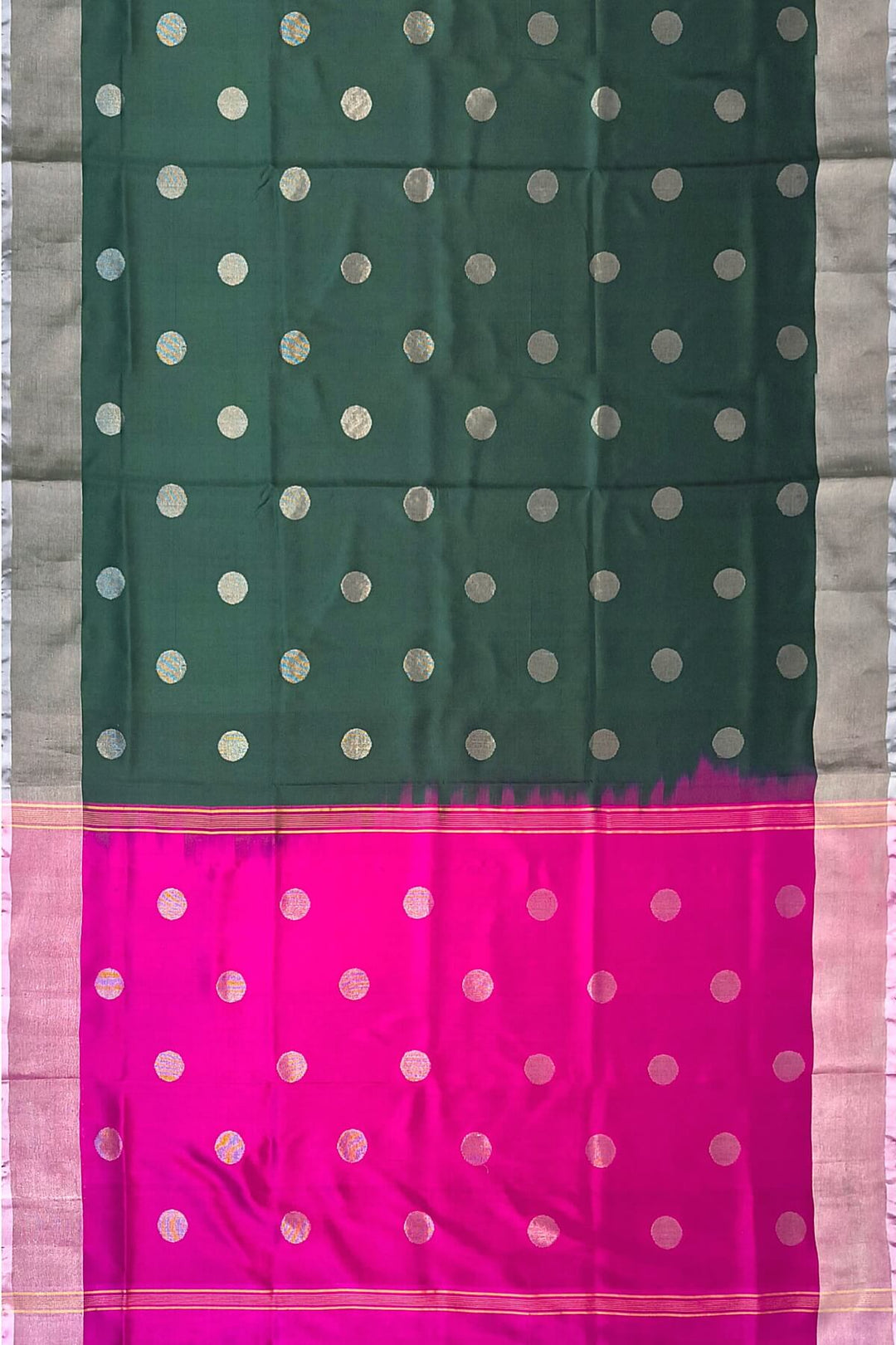 Handwoven Uppada pure silk saree in bottle green with round motifs
