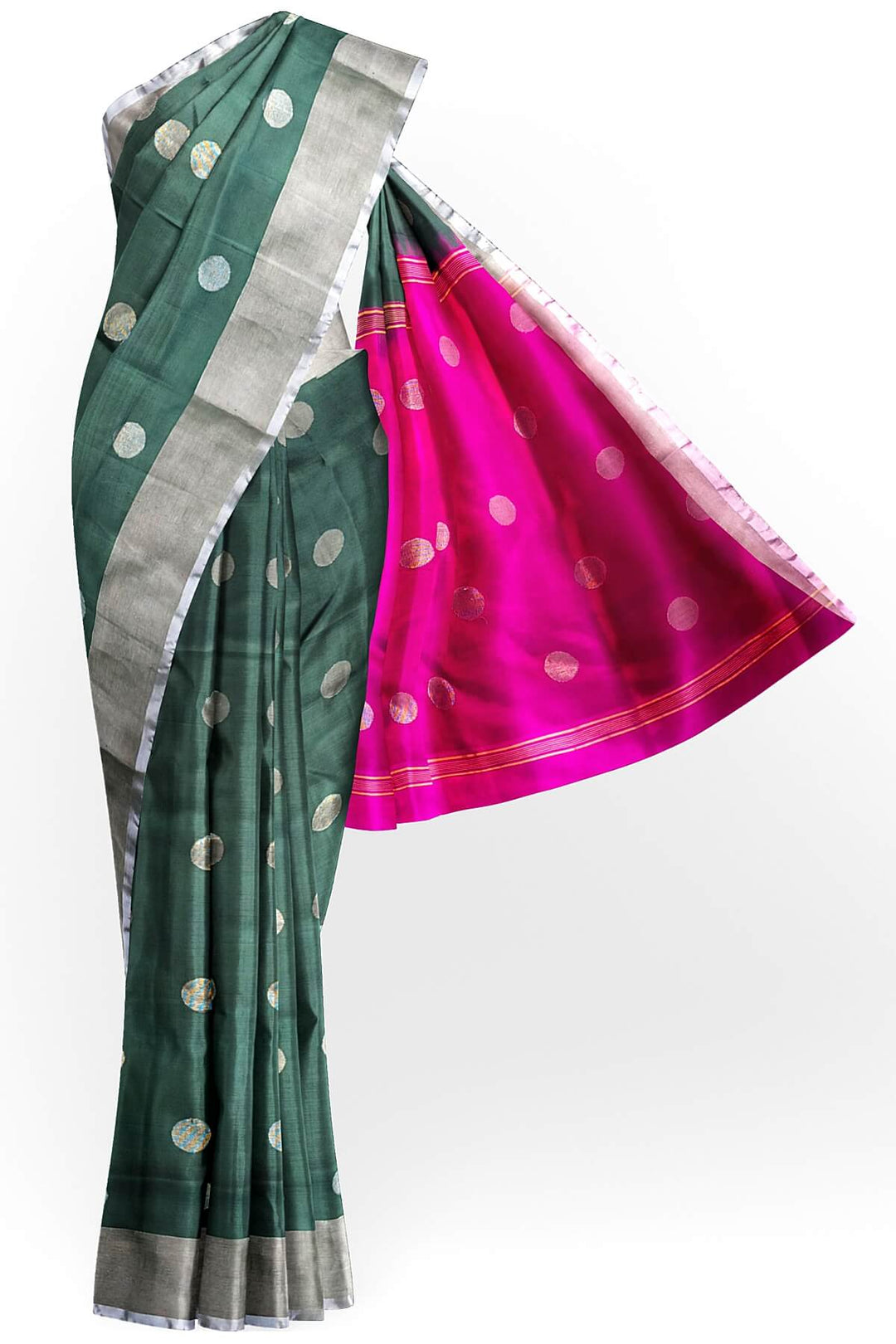 Handwoven Uppada pure silk saree in bottle green with round motifs