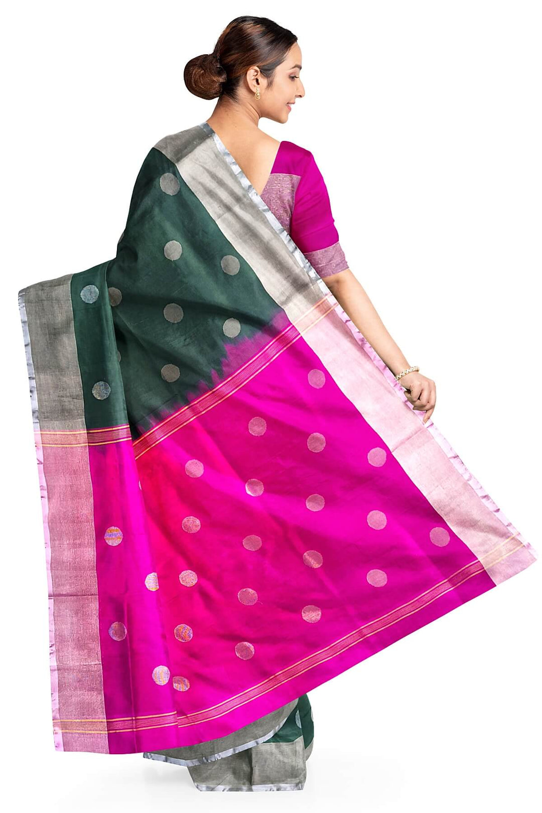 Handwoven Uppada pure silk saree in bottle green with round motifs