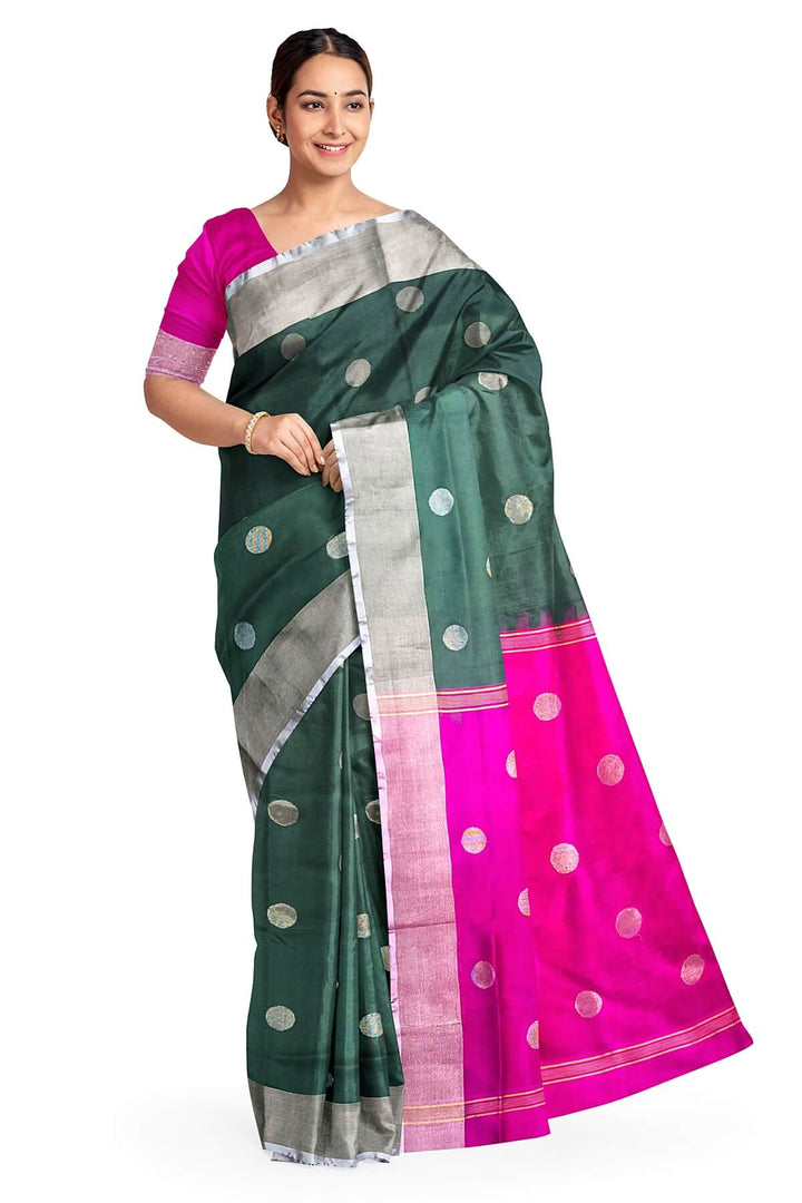 Handwoven Uppada pure silk saree in bottle green with round motifs