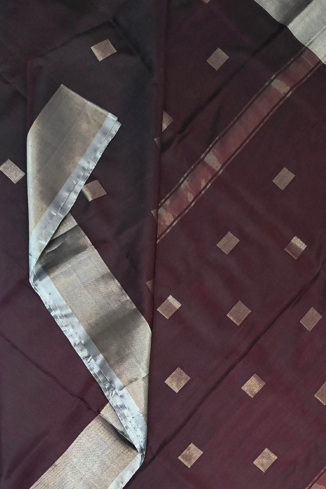 Handwoven Uppada pure silk saree in brown with square motifs
