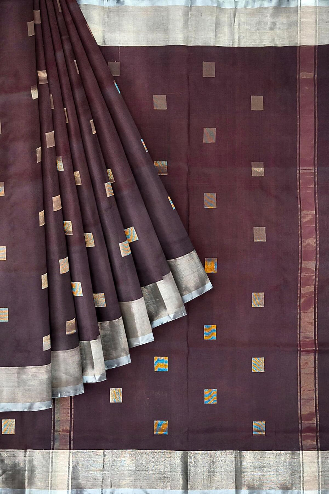 Handwoven Uppada pure silk saree in brown with square motifs
