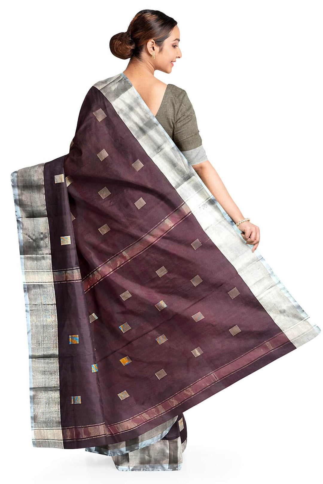 Handwoven Uppada pure silk saree in brown with square motifs