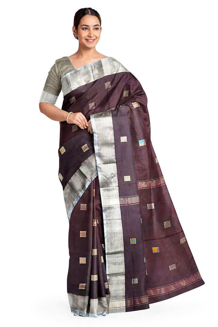 Handwoven Uppada pure silk saree in brown with square motifs