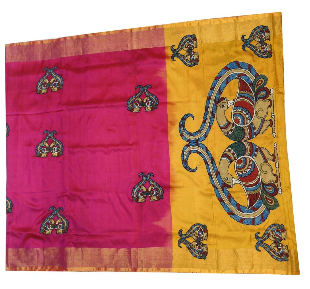 Kalamkari applique on Uppada pure silk saree in  pink & mustard