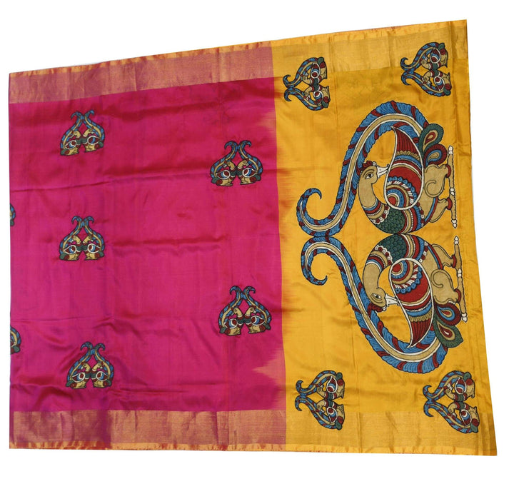 Kalamkari applique on Uppada pure silk saree in  pink & mustard