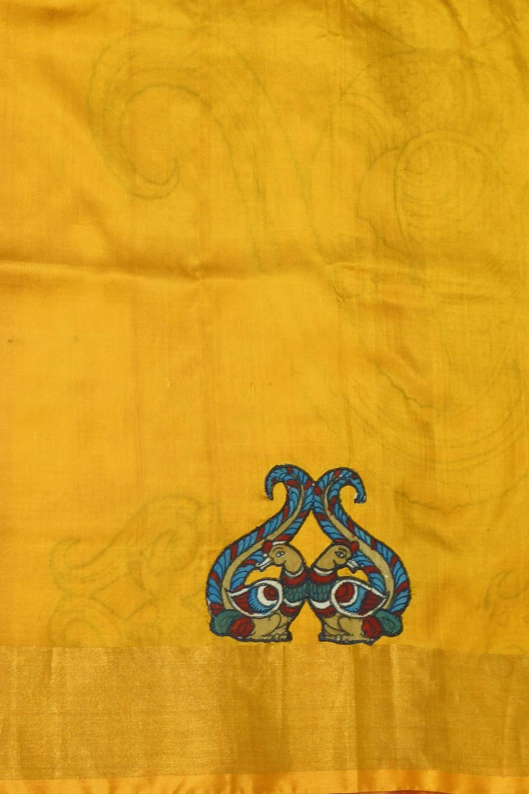 Kalamkari applique on Uppada pure silk saree in  pink & mustard