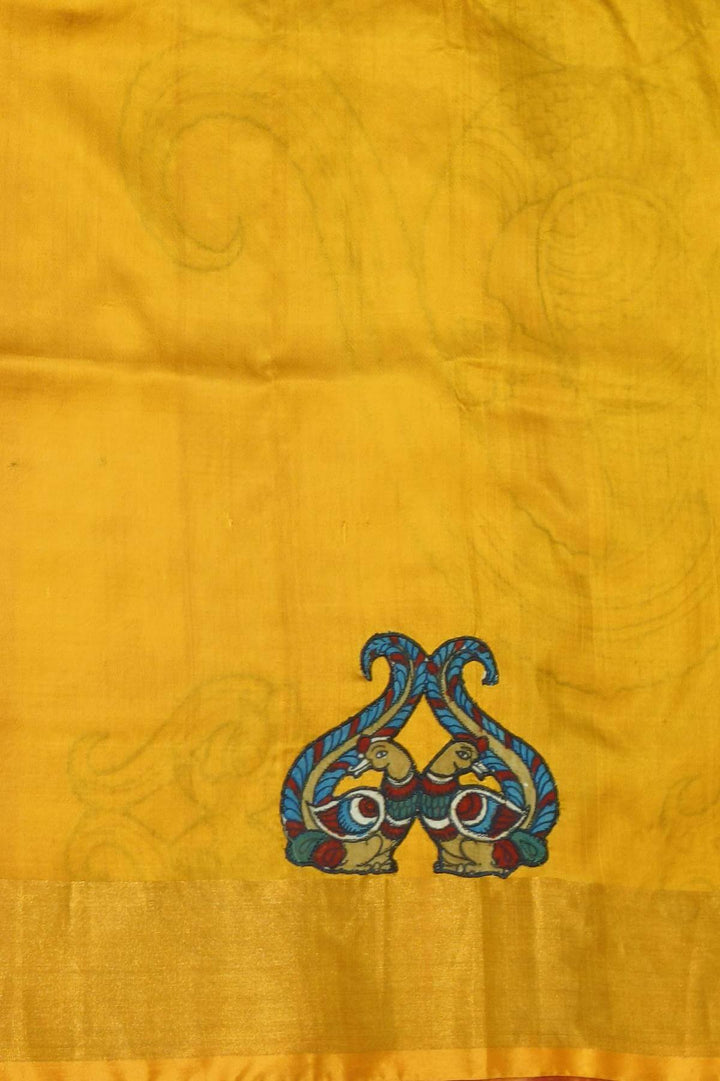 Kalamkari applique on Uppada pure silk saree in  pink & mustard