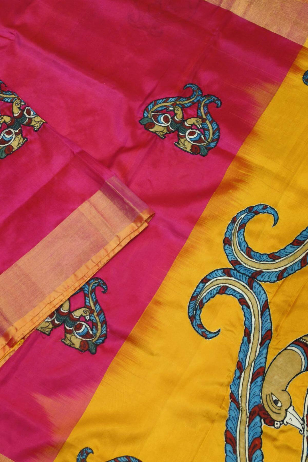 Kalamkari applique on Uppada pure silk saree in  pink & mustard