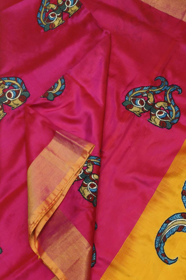 Kalamkari applique on Uppada pure silk saree in  pink & mustard