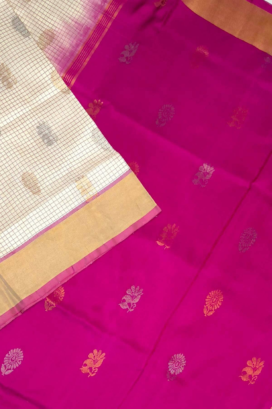 Handwoven Uppada pure silk saree in checks in off white