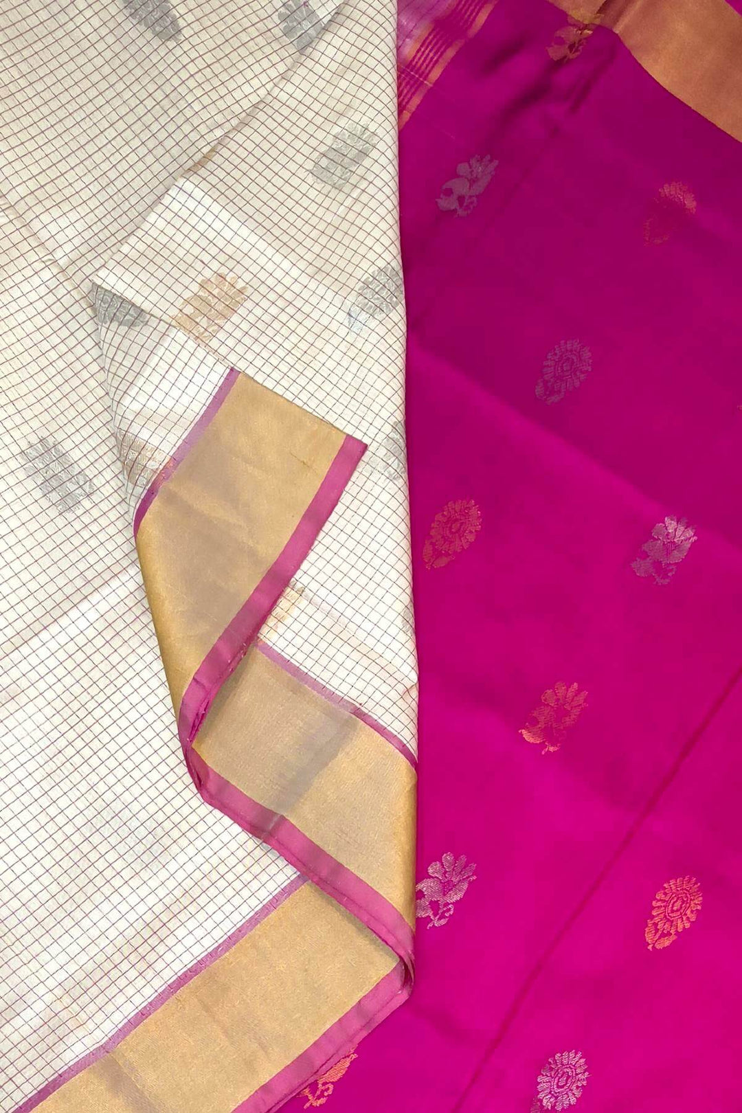 Handwoven Uppada pure silk saree in checks in off white