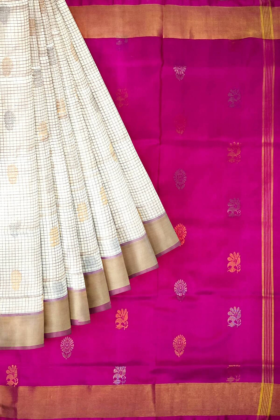 Handwoven Uppada pure silk saree in checks in off white