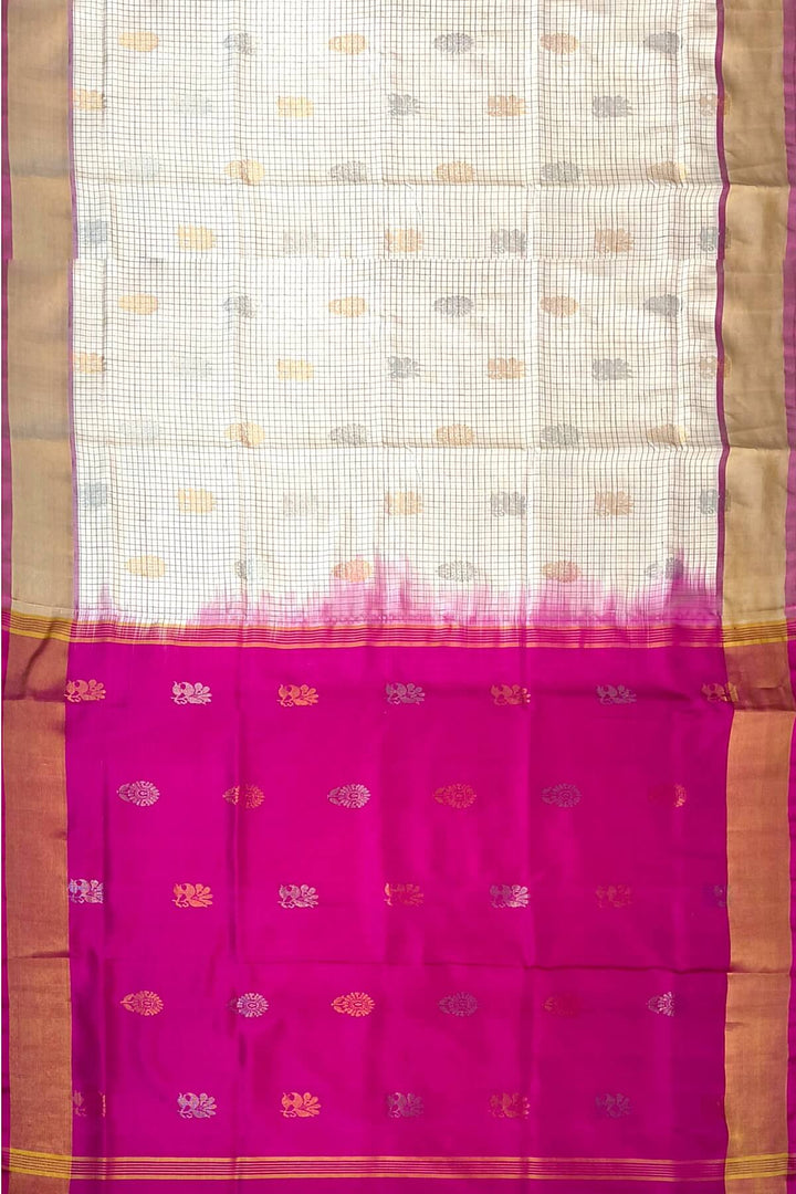Handwoven Uppada pure silk saree in checks in off white
