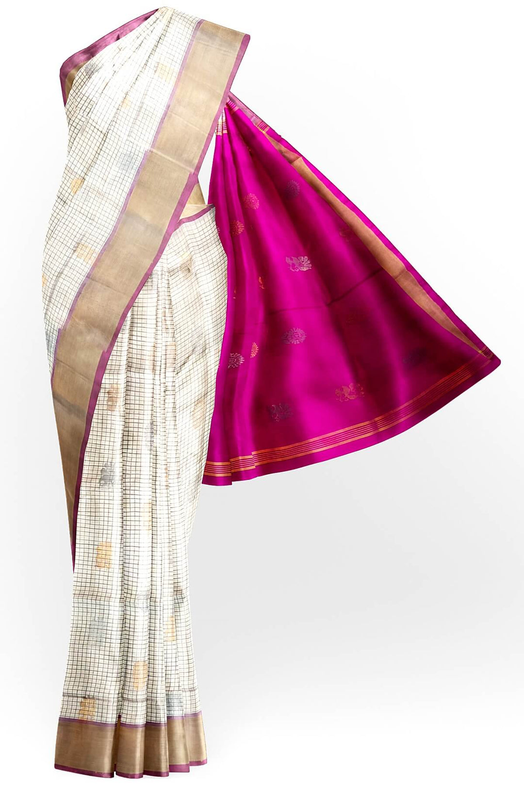 Handwoven Uppada pure silk saree in checks in off white