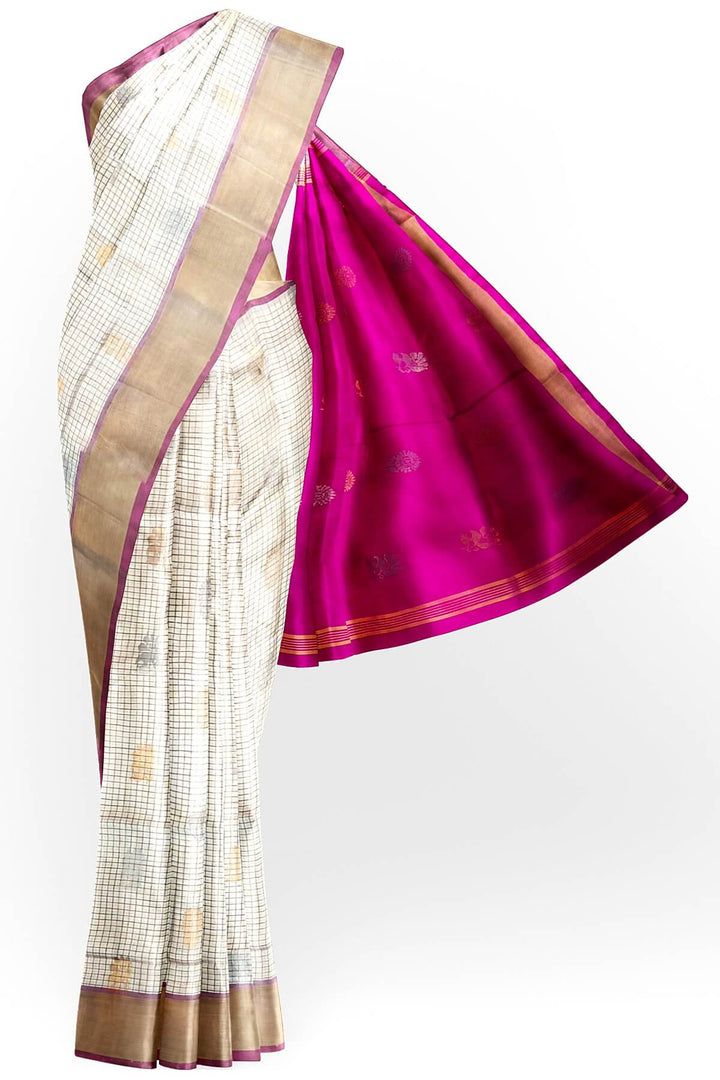 Handwoven Uppada pure silk saree in checks in off white