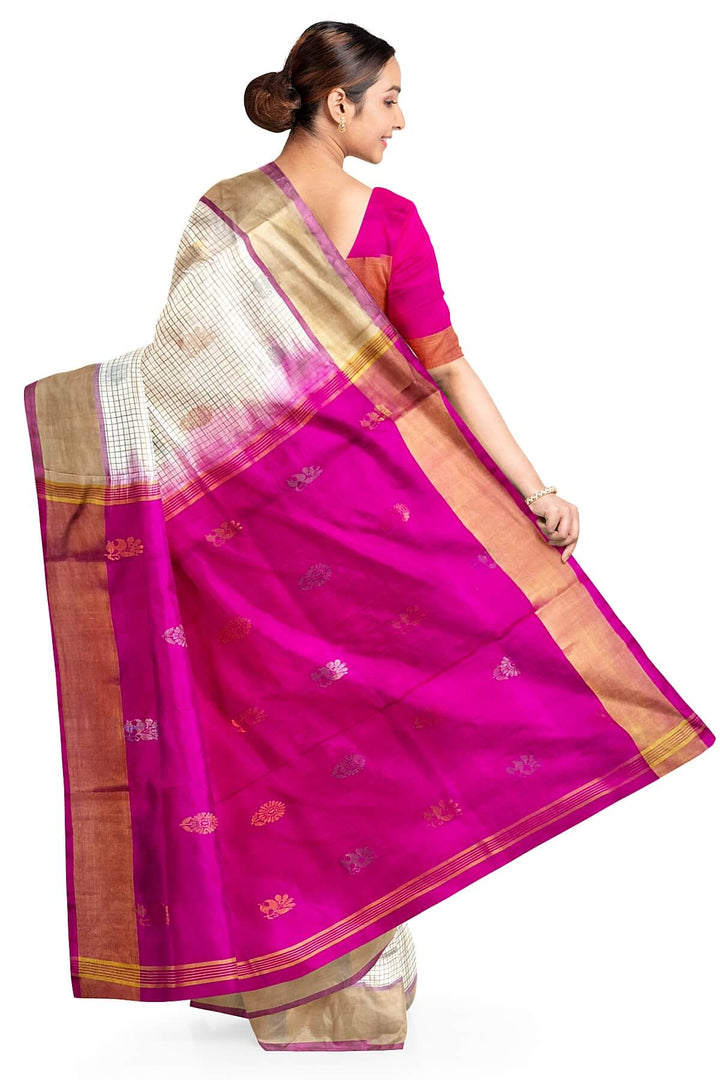 Handwoven Uppada pure silk saree in checks in off white
