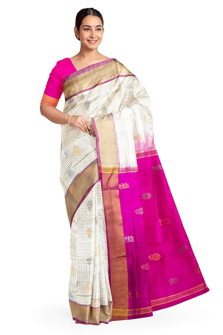 Handwoven Uppada pure silk saree in checks in off white