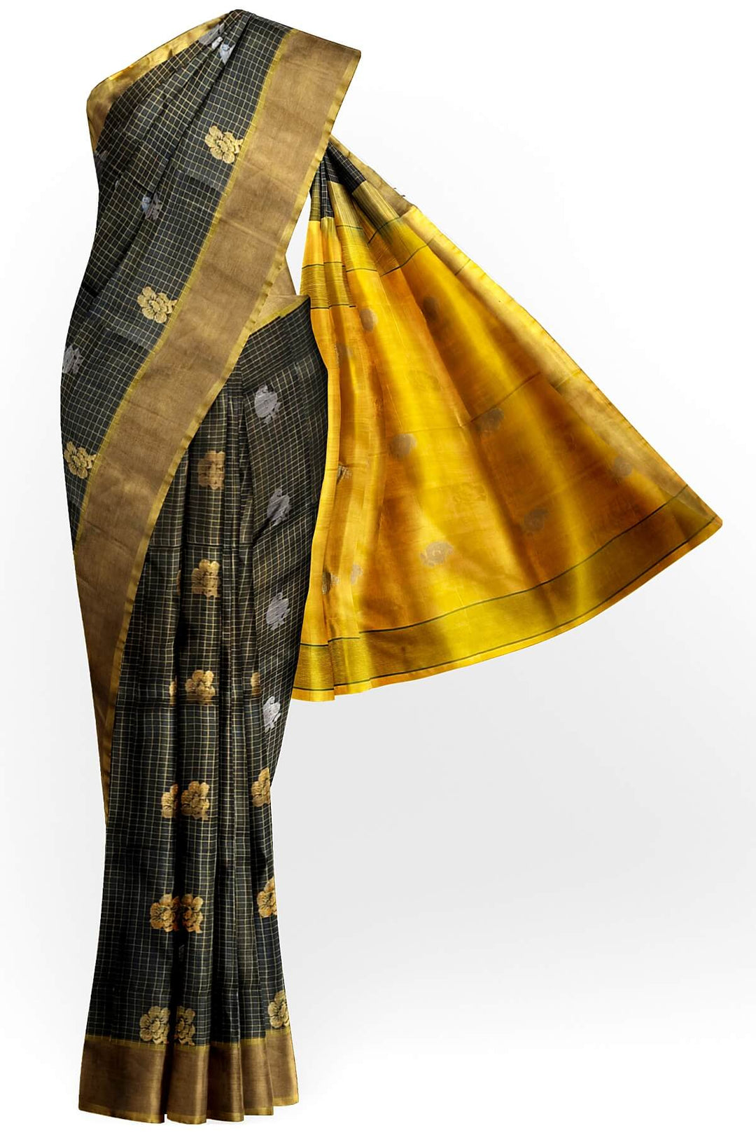 Handwoven Uppada pure silk saree in checks in black